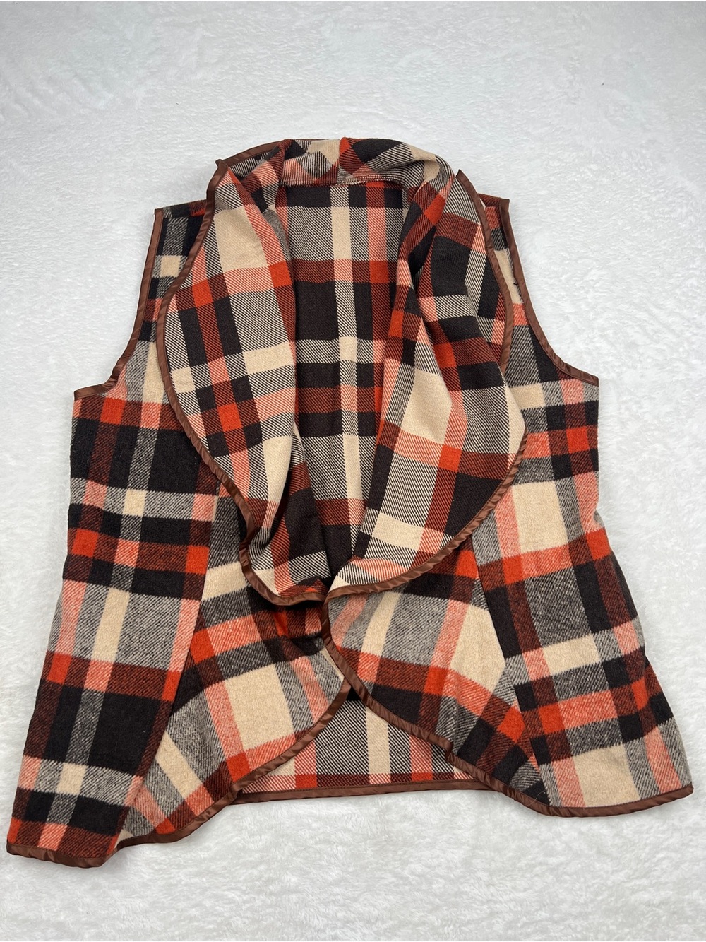 Plaid Waterfall Vest Womens XL Orange Brown Beige Open Front Pockets EUC
